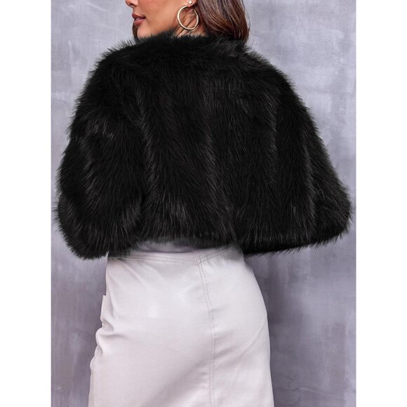 Women's Fashion Cropped Faux Fur Jacket Long Sleeve Open Front Cardigan Casual F - Picture 4 of 6